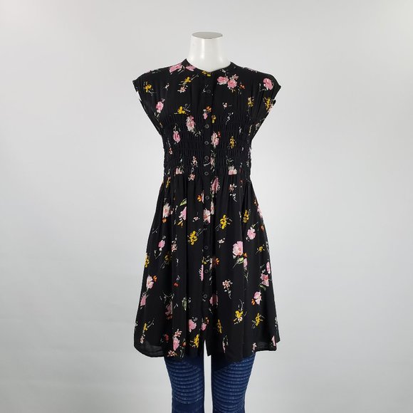 Free People Black Flower Print Tunic Top Size M